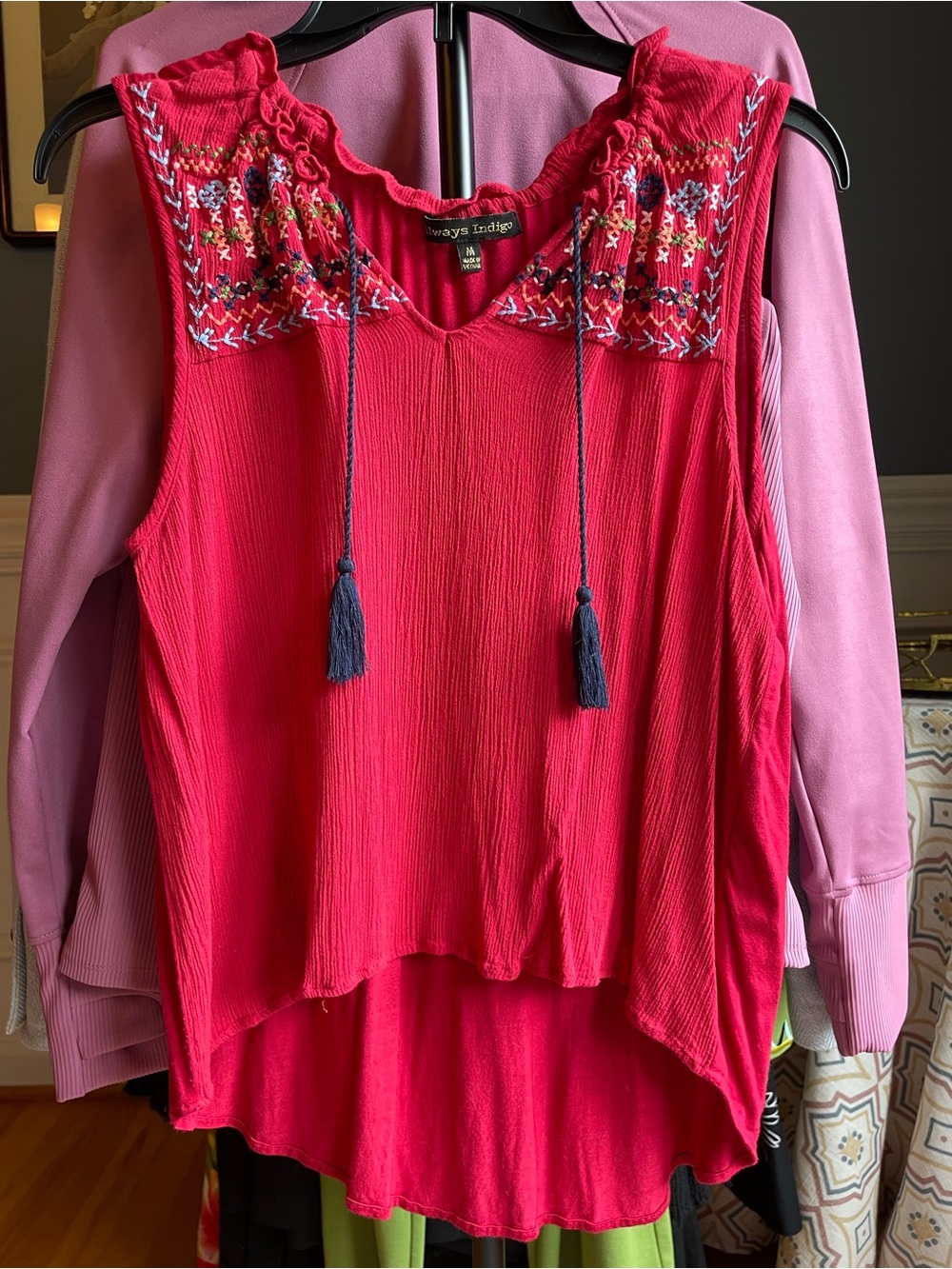 Always Indigo Women's Red Embroidered Tassel Sleeveless Top